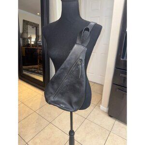 The Sak Black Leather Canvas Sling Backpack Crossbody Bag Multi Pocket Minimalis